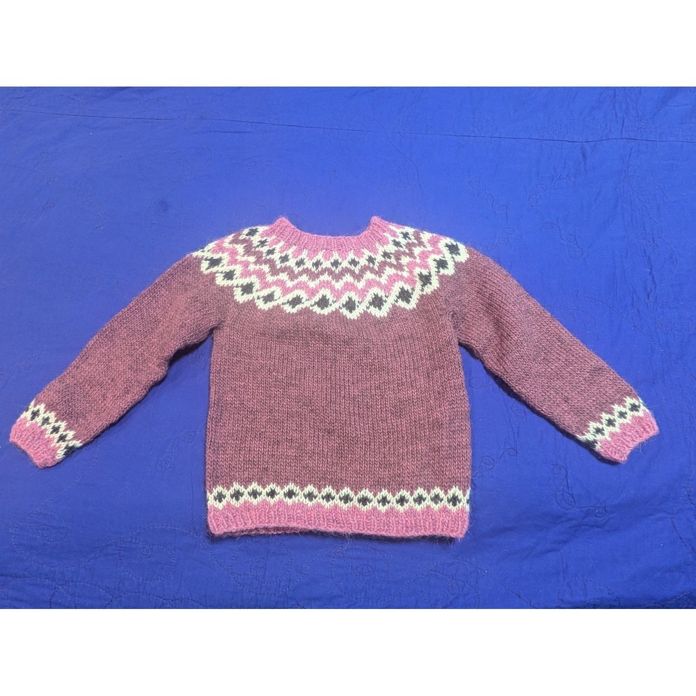 VTG Fair Isle Wool Sweater Kids Size 6 Pink Winter Heavyweight Knit Pullover